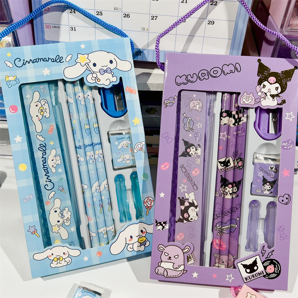 Sanrio Stationery Set Hello Kitty Cinnamoroll Kuromi Cartoon Pencil Rubber Ruler Pencil Sharpener Student Supplie Stationery Set