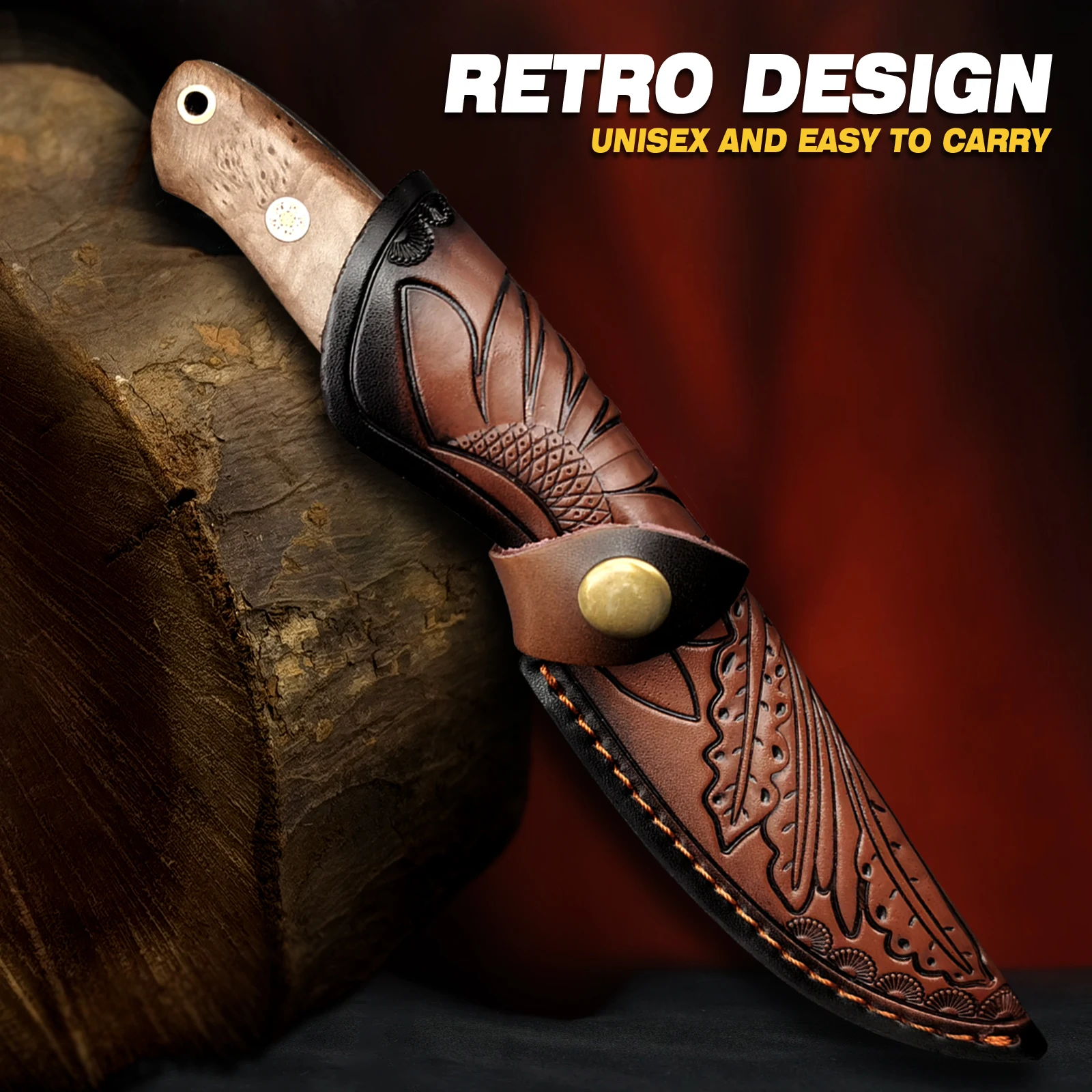 Xeeshinin Damaskus-Jagdmesser, handgefertigtes, geschmiedetes Messer mit feststehender Klinge, Holzgriff und Lederscheide, hochwertiges Outdoor-Messer für Camping, Wandern und Bushcraft.
