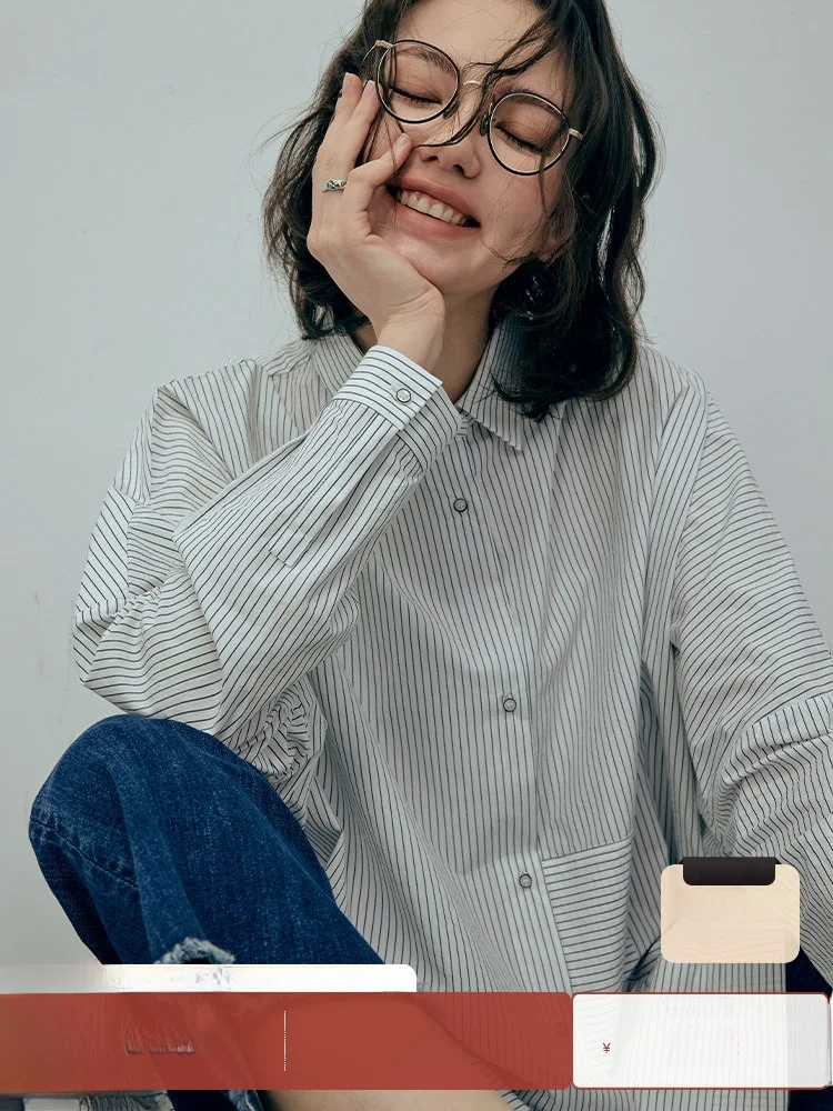 

Zhang Da Classic Autumn irt Color Woven Thin Stripes 00% Pure Combed Cotton Tapered Design Sensation Women's Blouse