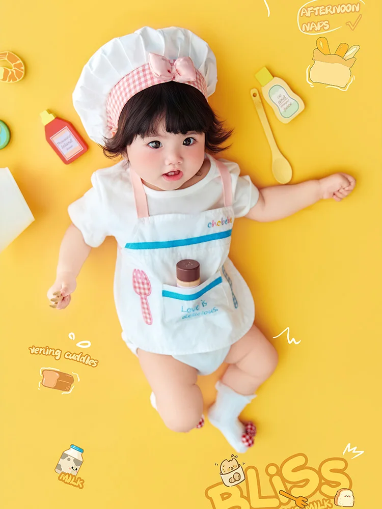 1st Birthday Baby Growth Memorial Photography Props Little Chef Outfit Set Pretend Food Decor Prop for Studio Photographer Photo