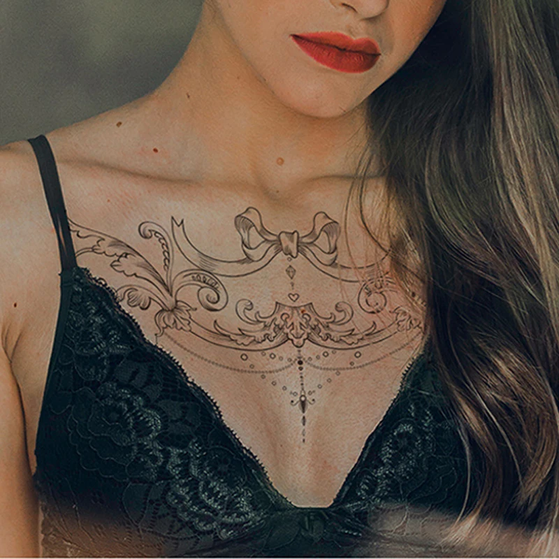 Black element sexy bow chest tattoo sticker, wave pattern, back and abdomen realistic temporary waterproof sticker.