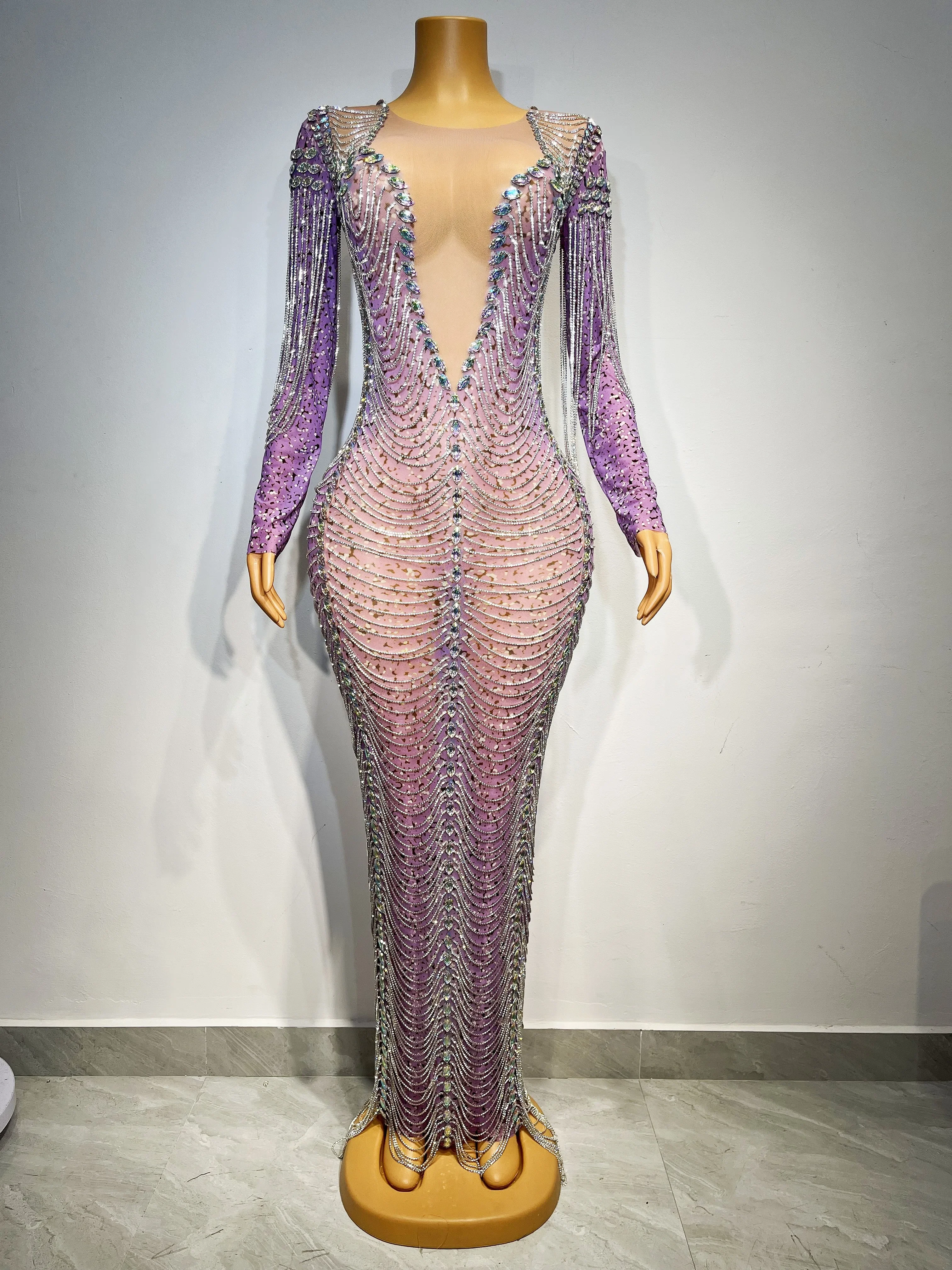 Vestido púrpura con cadenas de cristales y diamantes de imitación AB para mujer, traje elástico Sexy para actuación de cantante, club nocturno