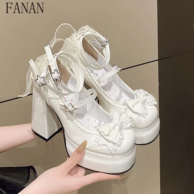 

Милые розовые студенческие кожаные туфли на квадратном каблуке для женщин, весенне-осенние новые милые туфли-лодочки на очень высоком каблуке в стиле Лолиты, летние