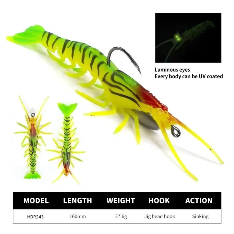 Newly Arrived Saltwater Fishing UV Soft Lure Luminous Swimbait 160mm 27.6g Accept Custom Soft Shrimp Lure with Jig Head Hook