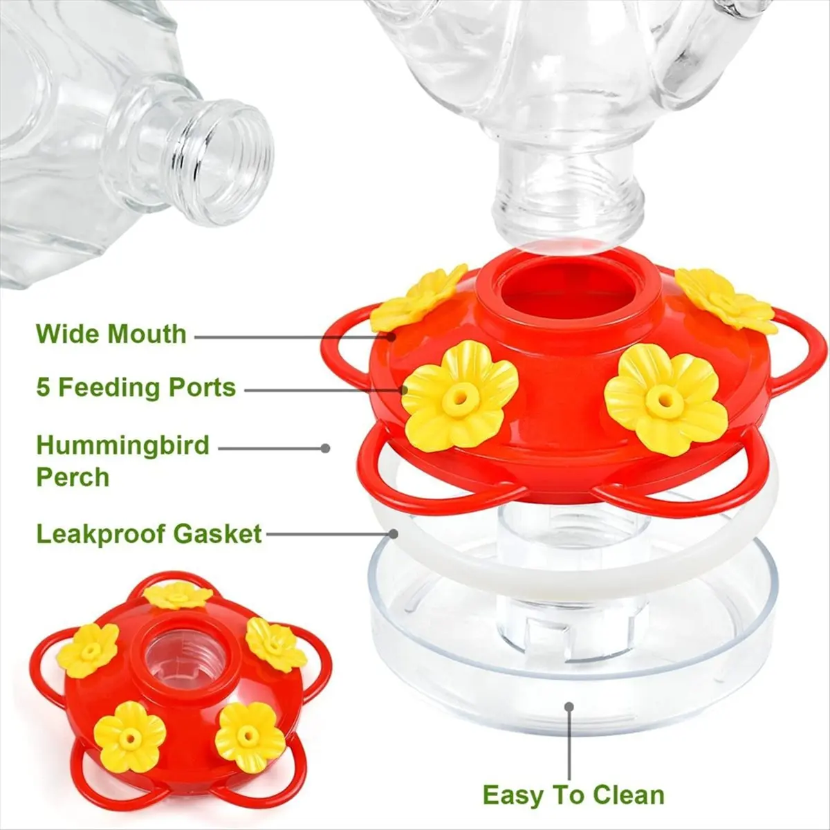 AT16 Hummingbird Feeders for Outdoors Hanging, Hand Blown Glass Hummingbird Feeder 15 Oz Sealed and Leak with Feeder