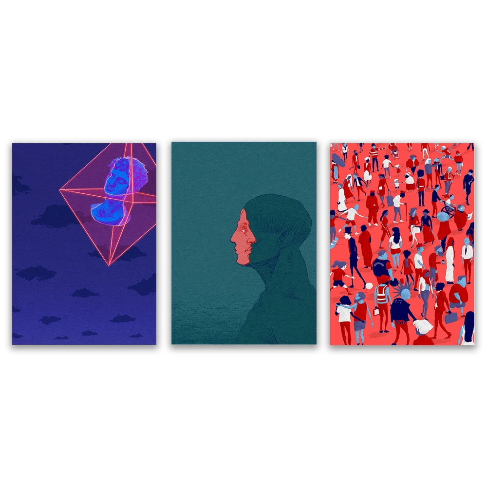 Two facing dual illustrations, multiple theme personality, world character culture and race diversity, mysterious poster
