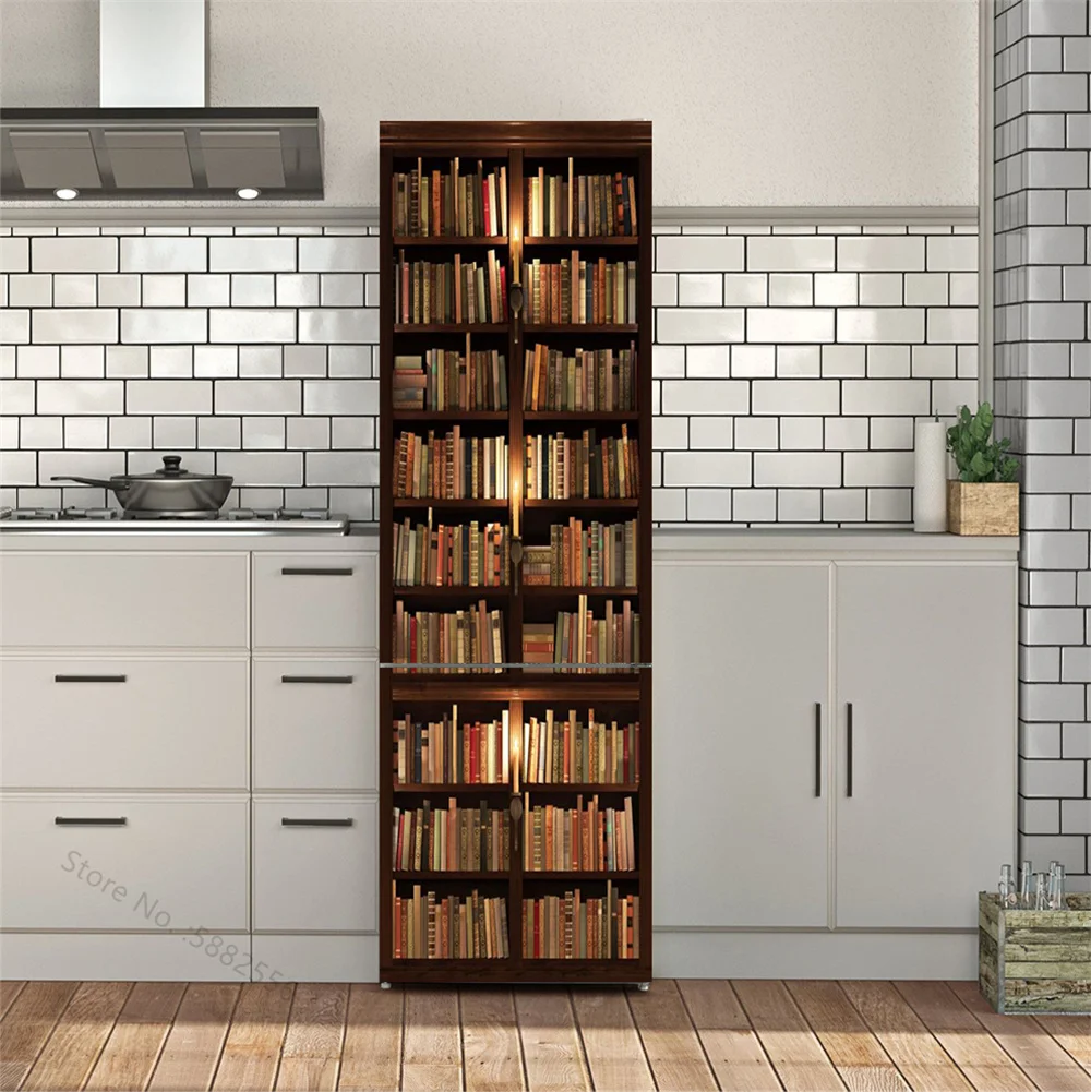 3D Book Shelf Door Decal Door Stickers Decor Door Mural Removable Vinyl Wood Retro Door Wall Mural Door Wallpaper for Home Décor