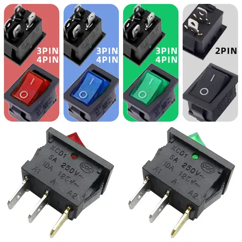 5 peças interruptor rocker série kcd1 15mm x 21mm 2 pinos preto 3 pinos 4 pinos led botão interruptor 6a/250v 10a/125v ac interruptores de alimentação