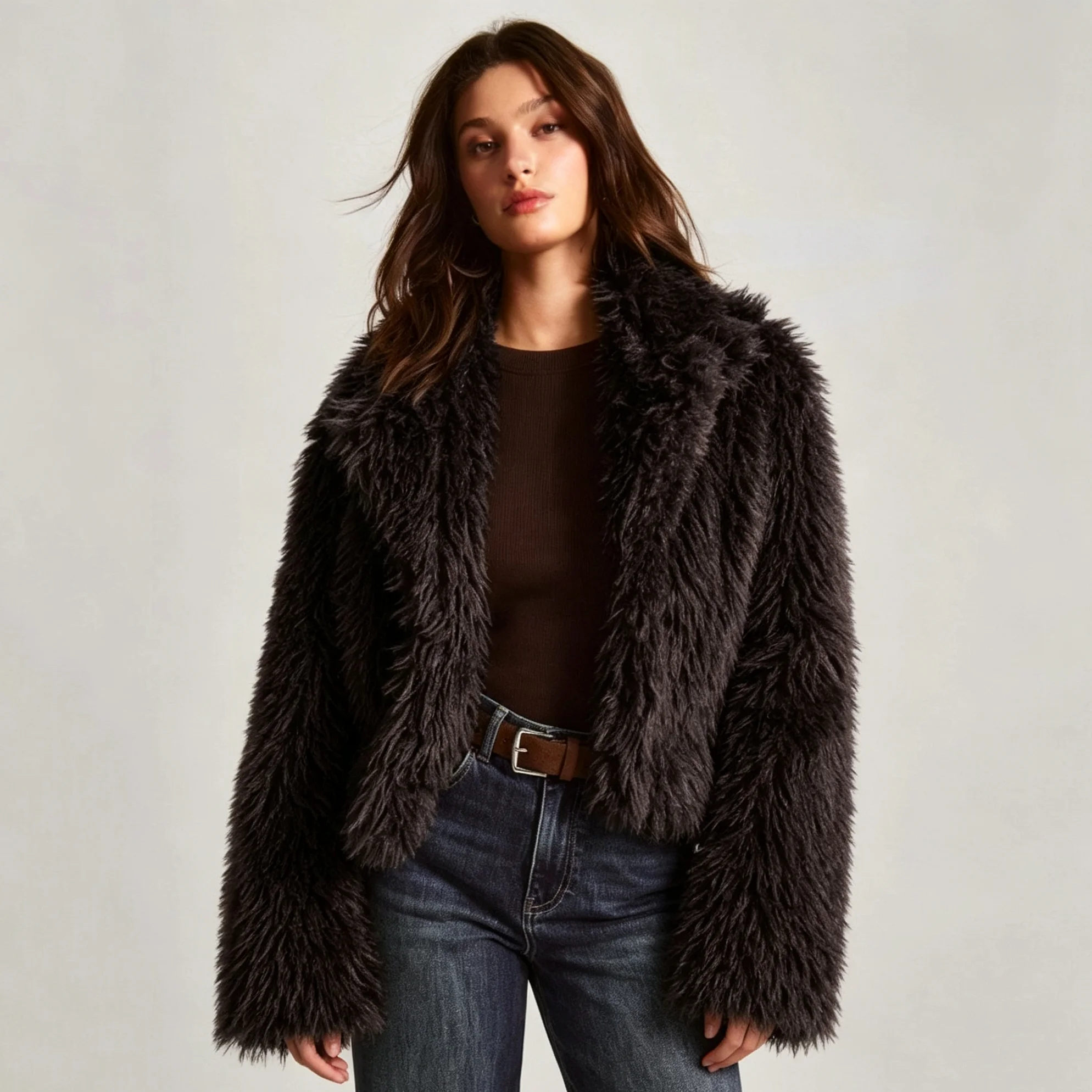 IG Women Faux Fur Cropped Coat Wide Lapel Long Sleeve Fluffy Warm Outerwear Autumn Winter Fashion Overcoat