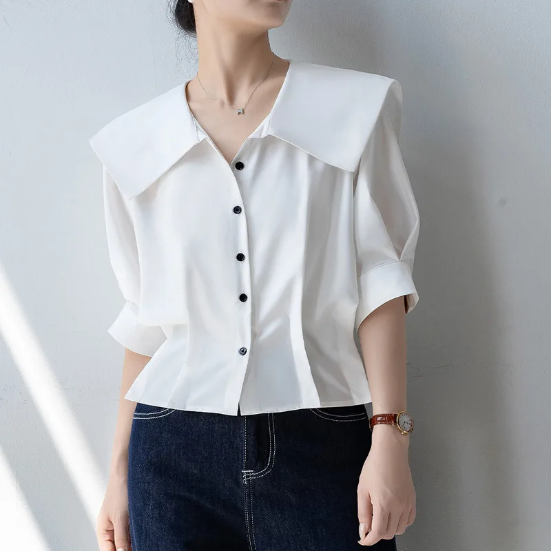 

Academy Style Summer New French Age-Reducing Pleated Design Commuter Simple Short Sleeve Top
