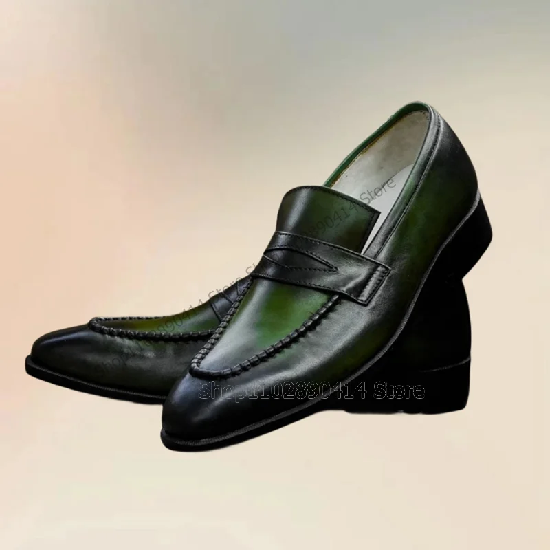 Sapato de slip-on casual masculino, luxuoso, artesanal, festa, banquete, verde, preto, cor gradiente, design de costura, moda masculina