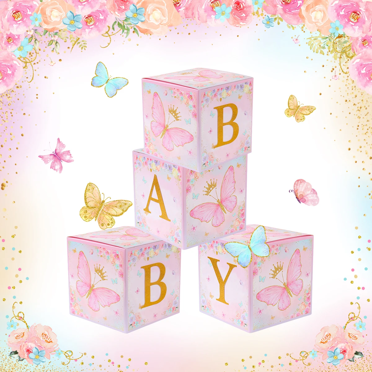 4pcs Baby Shower Boxes Pink Butterfly Balloon Boxes with Printed BABY Letters Blocks Boy Girl Gender Reveal Birthday Favor