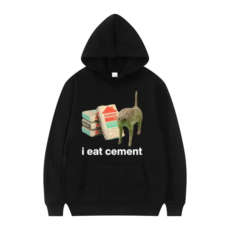 I Eat Cement Cursed Cat Funny Meme Hoodies Men Women\'s Fashion Humor Cozy Sweatshirt Male Autumn/Winter Fleece Hoodie Streetwear