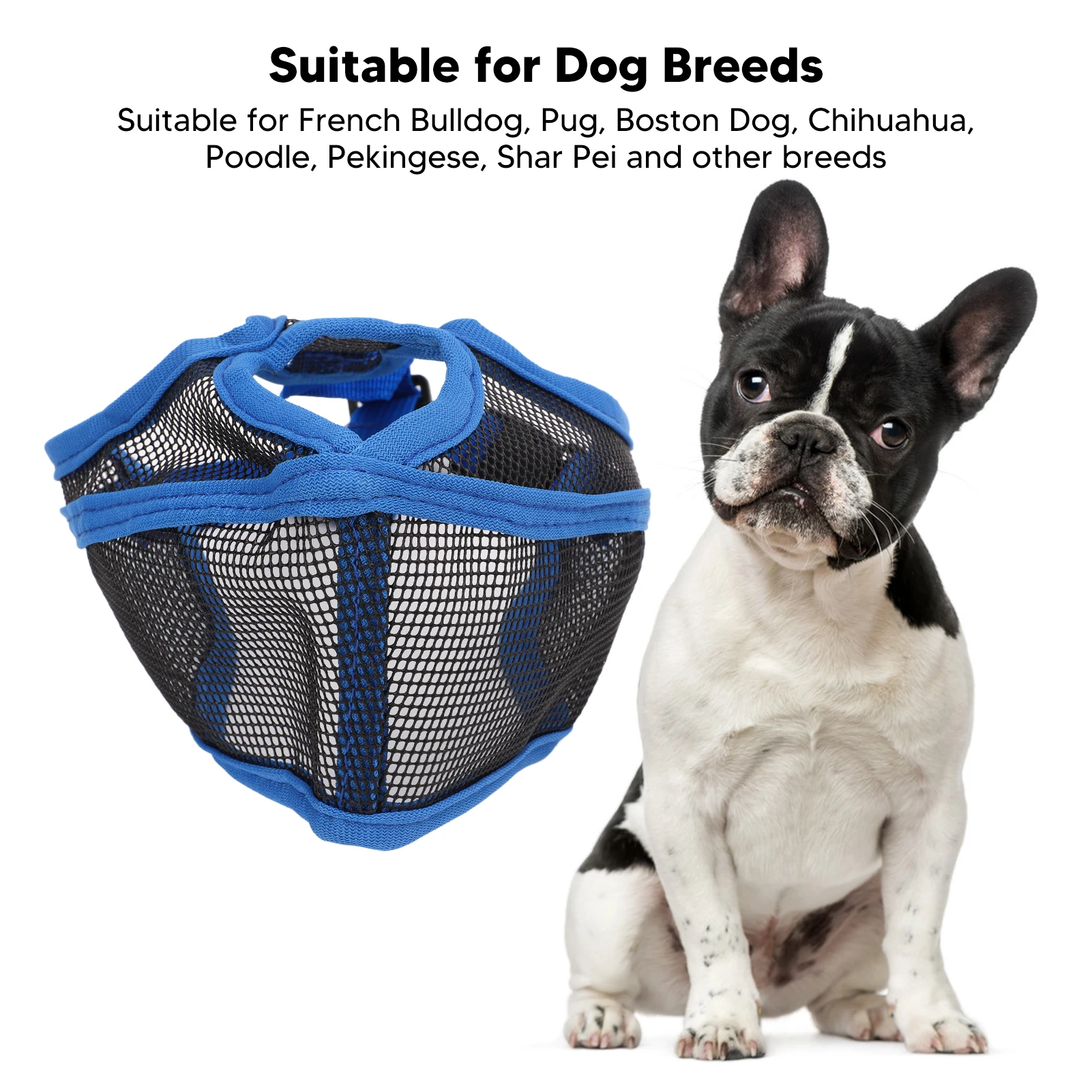 Short Snout Dog Muzzle Adjustable Breathable Prevent Biting Chewing Dog Mesh Muzzle For Bulldog Shar Pei Chihuahua Blue M