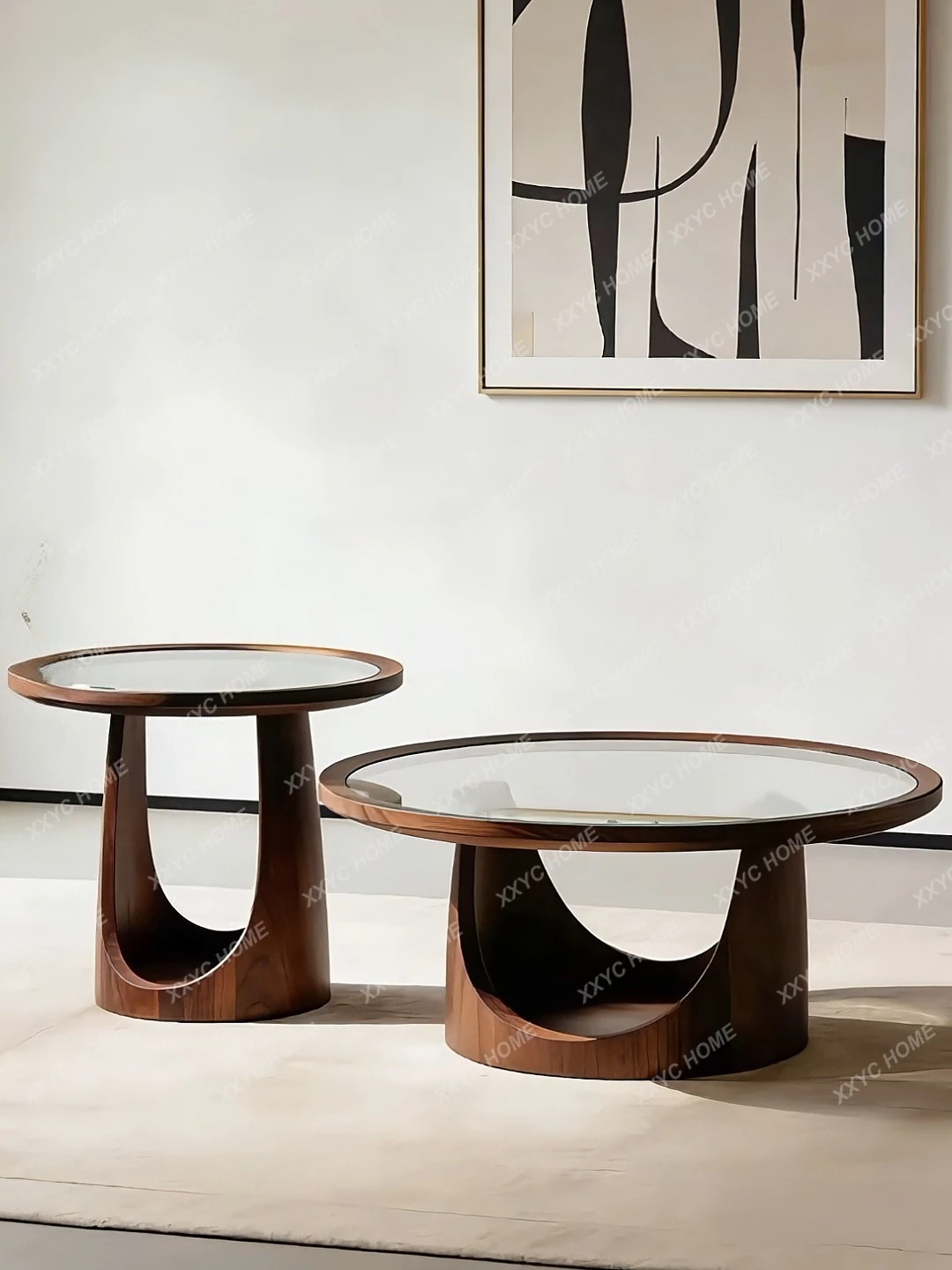 

Modern high-end light luxury round several solid wood glass round tea table