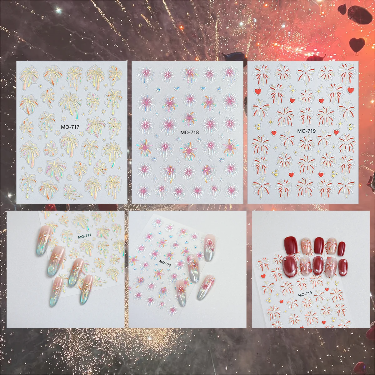3/6/12 Sheets Holographic Firework Nail Art Stickers, Red Pink Gold Burst Self Adhesive Nail Decals for DIY Manicure