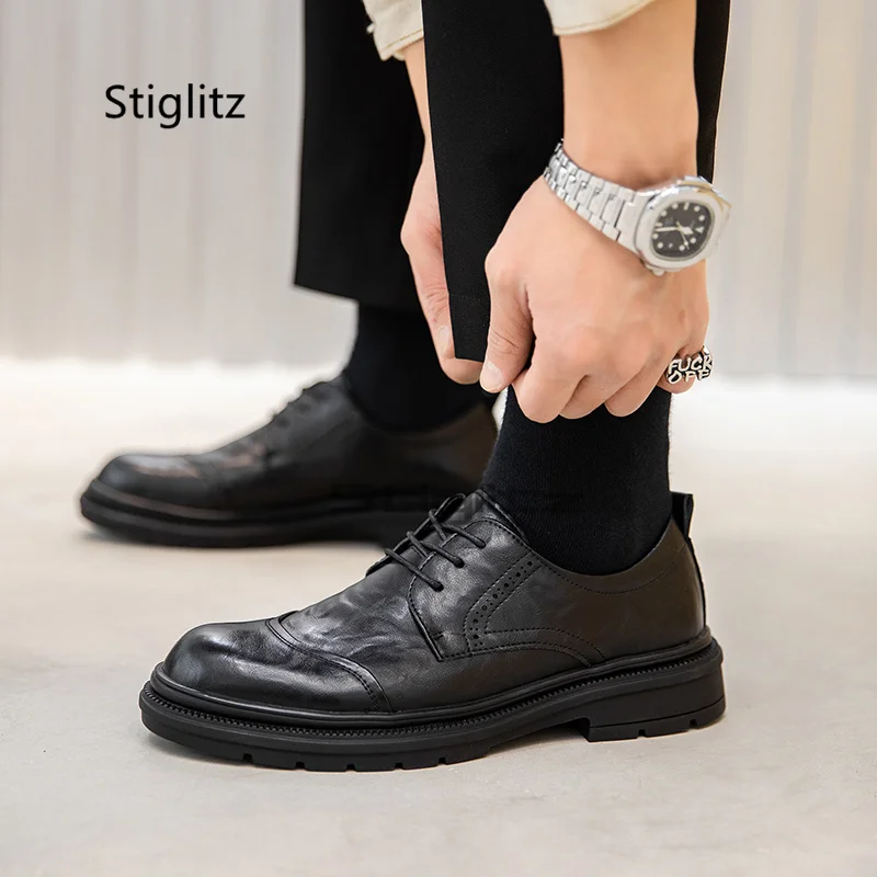 Black Leather Shoes Men's Summer Formal Business British Style Casual Breathable Thick Sole Lace Up Office Derby Shoe Tide