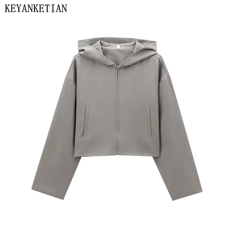 

KEYANKETIAN 2024 New Women's Short Zip-up Gray Hoodie Street style Autumn Double Pockets Straight Leisure Blazer Cropped Top