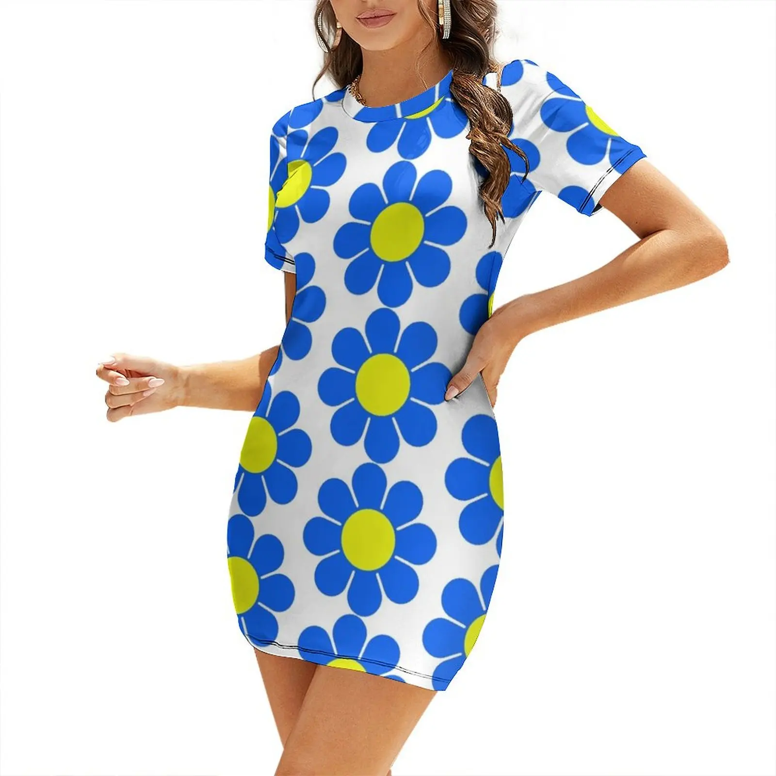 Azul amarelo hippy flor margarida vestido de manga curta mulher roupas mulher moda cocktail de vestidos vestido