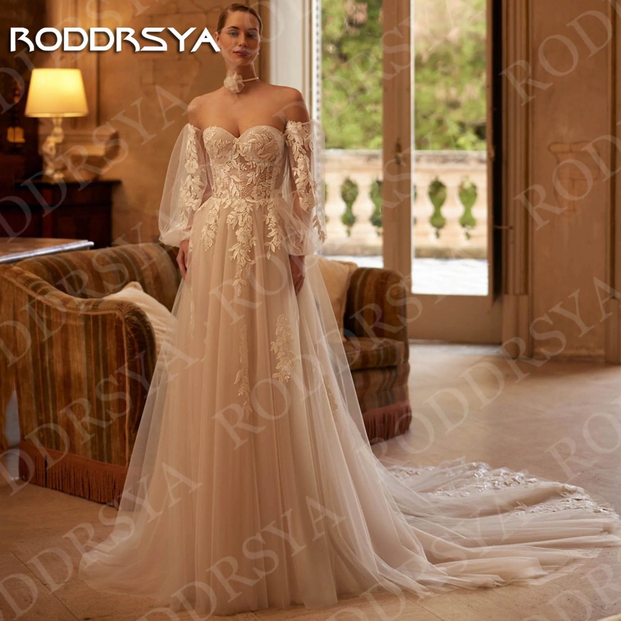 RODDRSYA vestidos de novia de manga larga personalizados encantadores apliques de encaje de novia tul una línea vestido de novia novia civil Vestidos de novia manga larga encaje encantador personalizado cariño aplicado