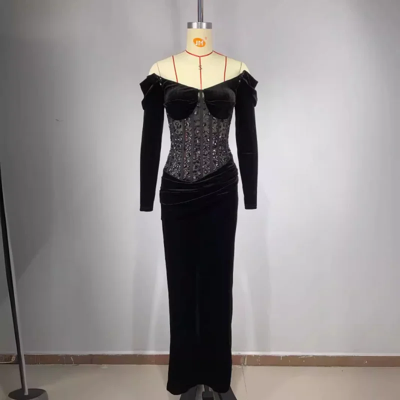 2025 nouveauté robe femme automne luxe strass Sexy pure épaules dénudées robe noire à la mode élégante robe de soirée