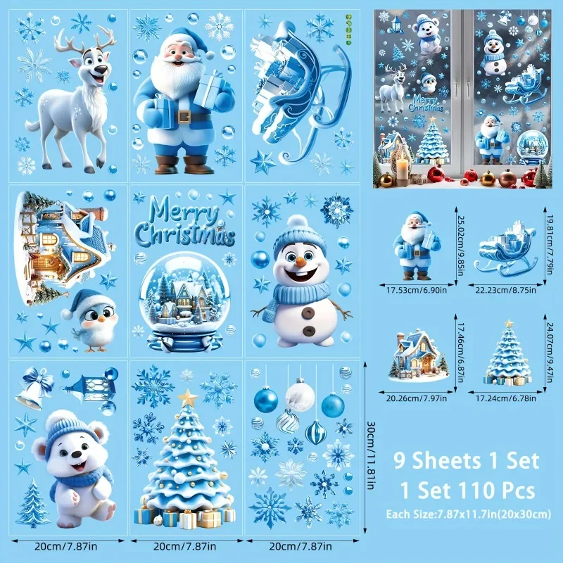 9 Sheets Christmas Window Clings Home Decorative Films Reusable Static Christmas Window Stickers Double-Side Xmas Party Supplies