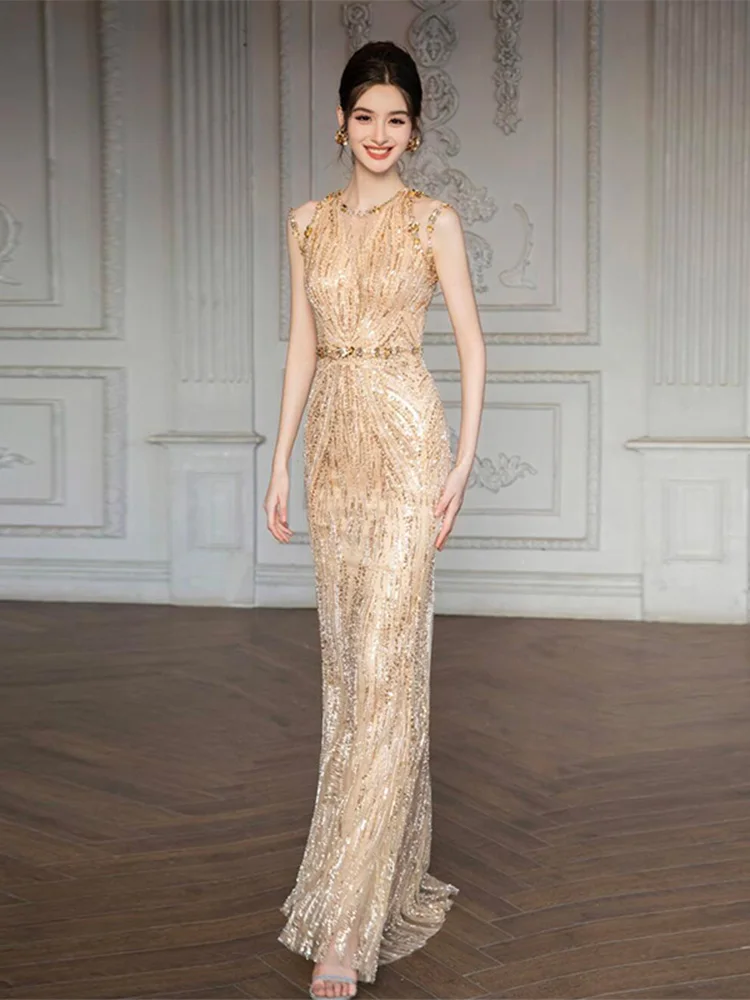

Gold Sequin Evening Dr Heavy Work Luxury Wedding Bride Toasting Gown Elegance Lady High-End Fi Tail Dr Women
