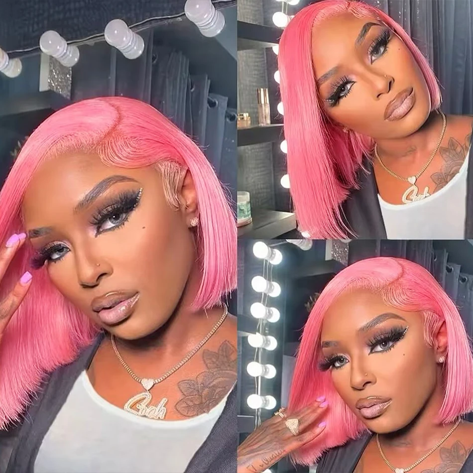 230% Pink Colored Short Bob Straight 13x4 hd Lace Front Wigs Brazilian 100% Human Hair Pre Plucked Lace Frontal Wig 14 16 Inches