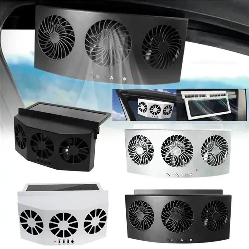 【AC77 Top !! 】2X 3 Head Solar Car Cooling Fan Electric Car Air Cooler Charging Vent Radiator Backseat Front Seat Purifiers B