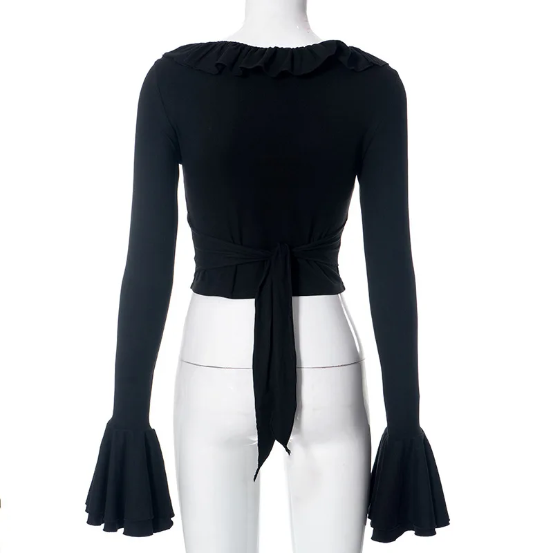 Cryptographic Elegant Frill Ruffle Detail Flare Sleeve Tops Low Plunge Neck Slim Tie Back Y2K Sexy Cropped Tops Solid Clothes