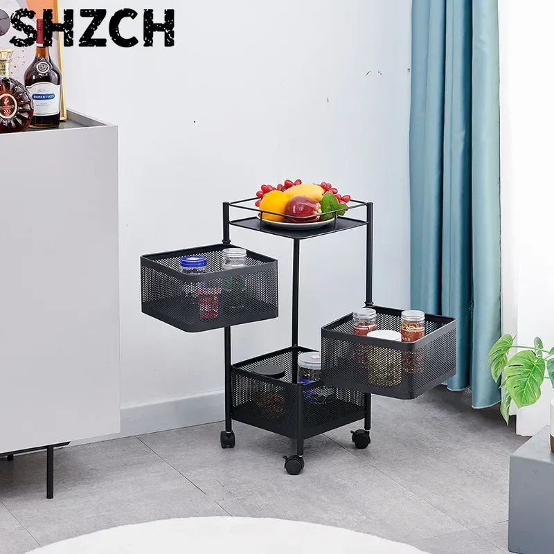 Square Revolving Storage Rack Living Room Snack Storage Cabinet Bedroom Organizing Storage Shelves Movable Fruit Stand