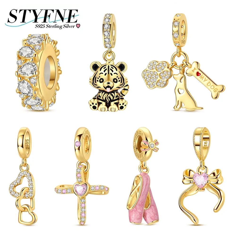 Goldene Charms-Anhänger aus 925er Silber, funkelnder Zirkon, niedlicher Tiger, Hund, Pfote, Kreuz, Herz, Perlen, passend für DIY-Armbänder, Schmuck, Geschenk für Frauen
