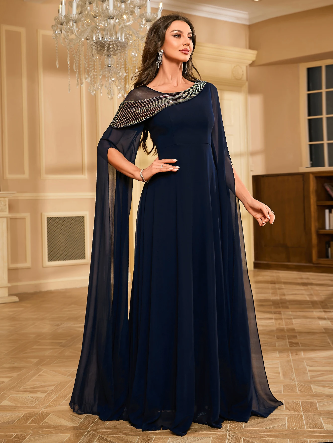 UNITHORSE Sequin Patchwork Chiffon Capelet Sleeve Formal Evening Dress
