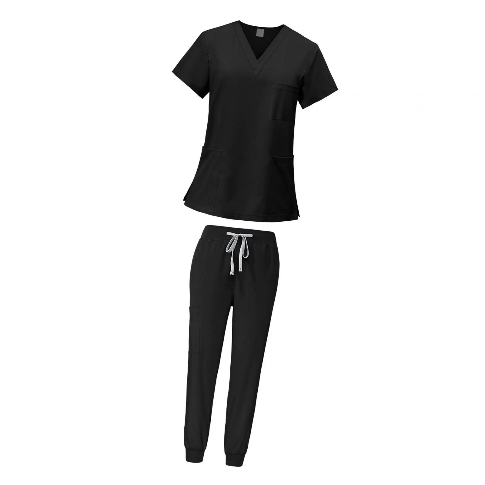 Female Short Sleeve Scrub Suit with Adjustable Drawstring Pants for Salon Medical Staff