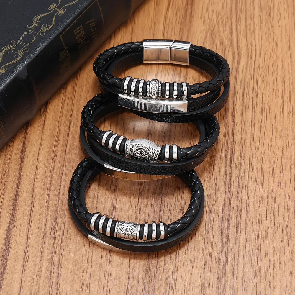 Trendy Leather Bracelets For Men Stainless Steel Bracelet 21CM Multilayer Braided Rope Bracelets for Male Jewelry Gifts