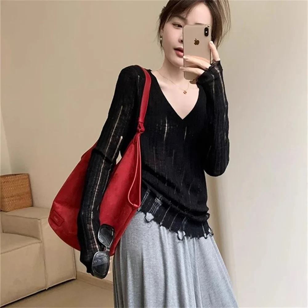 

Elegant Fashion Lady V-neck Long-sleeve Sunscreen Pullover Blouse Spring Summer New Korean Style Thin Slim Bodycon Vintage Shirt
