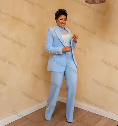 Pearls Blue Women Suit Pants Set 2 Piece Blazer+Trousers Cotton Business Office Lady Wedding Tuxedo Tailored Size Prom Dress