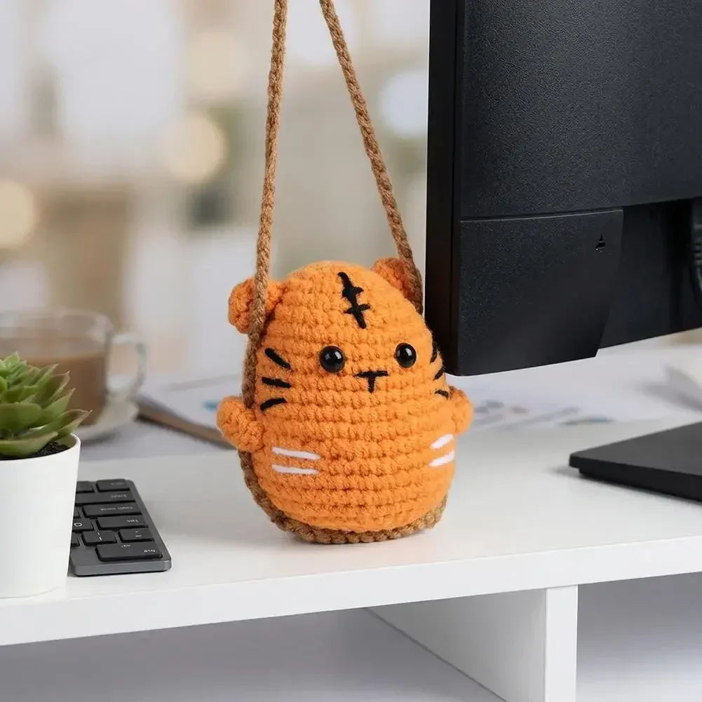 Cute Crochet Chicken Car Charm Handmade Knitted Crochet Rearview Mirror Decor Auto Pendant Key Chain Interior Accessories Amagi