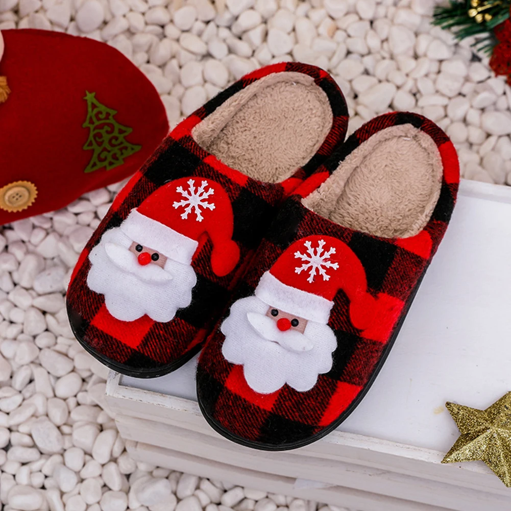 

Christmas Furry Slippers Flat Santa Claus Plush Closed Toe Slippers Anti Slip Plush Slip-on House Shoes Plaid Household Supplies