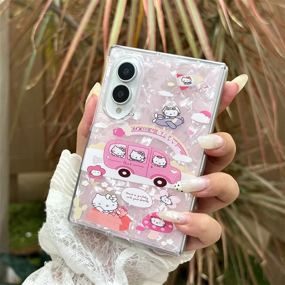 Cute Hello Kitty Pink Shell Texture Phone Case For Samsung Galaxy Z Fold 8 Ultra Z Fold 7 6 5 4 3 Shockproof Folding Phone Cover