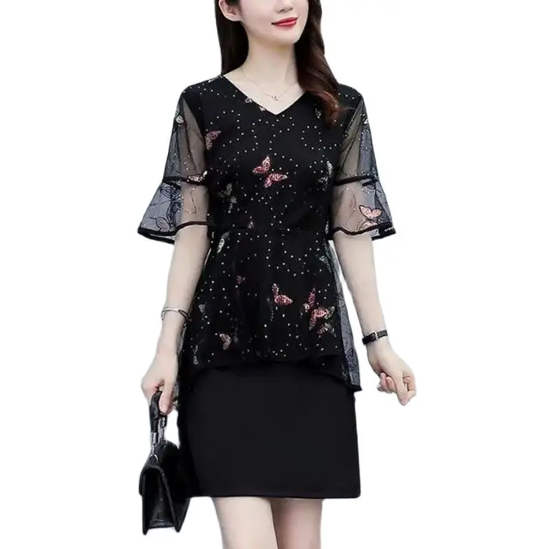 Female Fake Two Mesh Dress 2022 New Summer Sequins Embroidery Splicing Short Sleeve V Neck Fashion Elegant Ladies Mid Skirt 5XL