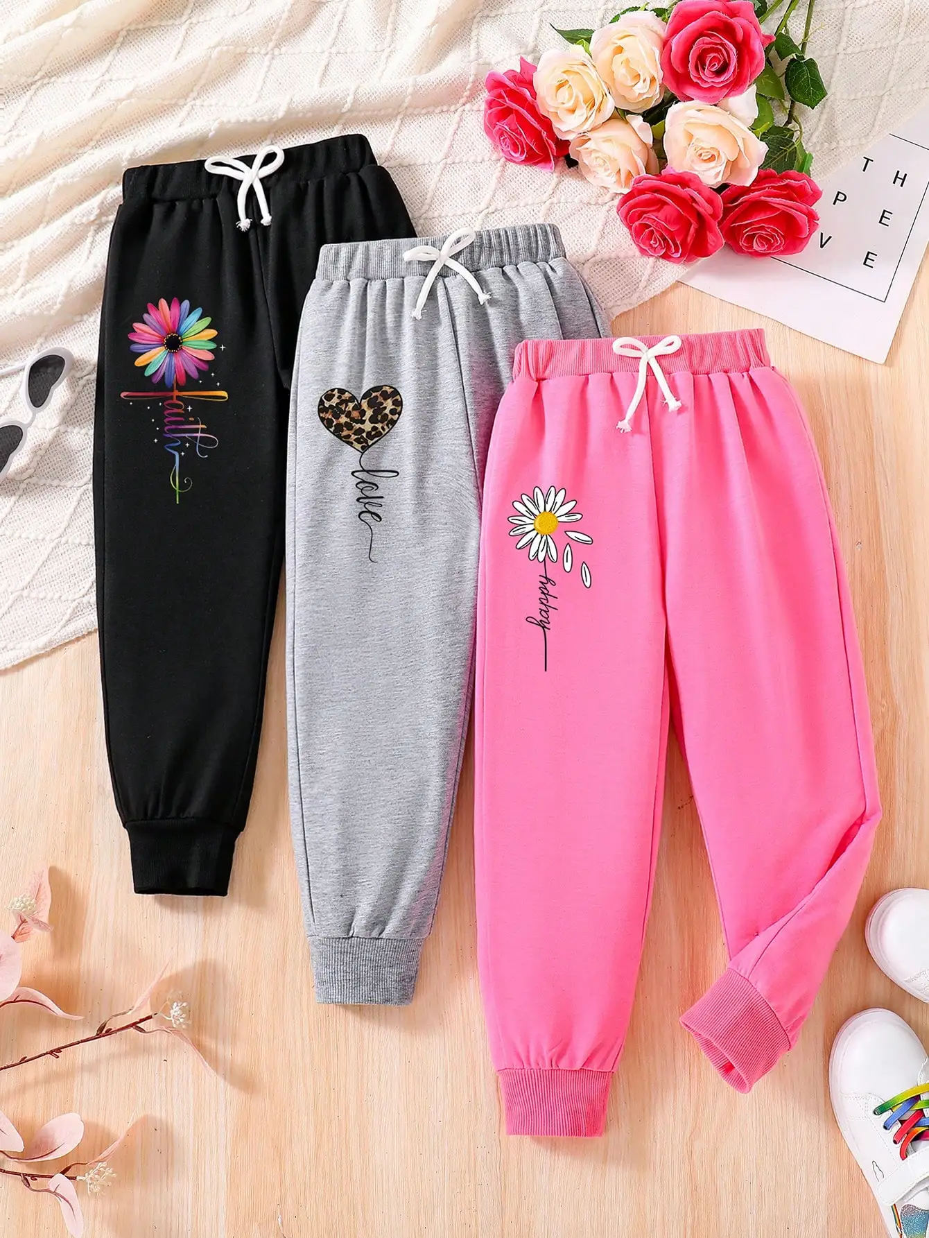 

3-Pack Kids Soft Jogger Pants with Floral & Heart Prints