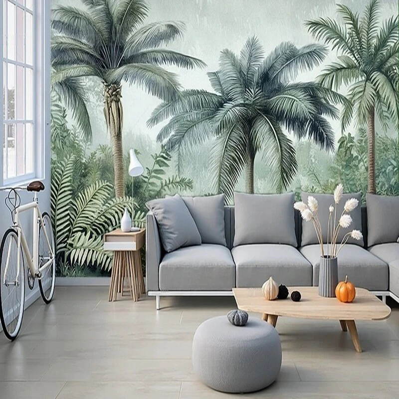 Original Nordic hand-painted tropical plant background wall for living room TV background wall painting