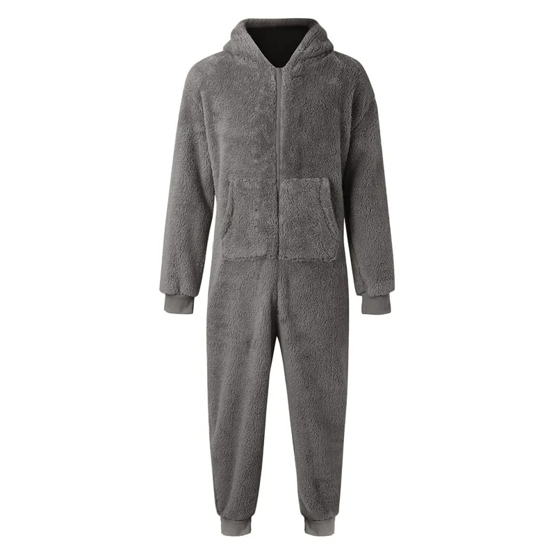 Men\'s Hooded Pajamas Autumn and Winter Thickened Jumpsuit Hooded Clothing Fleece Zipper Front Full Length Jumpsuit Sleepwear