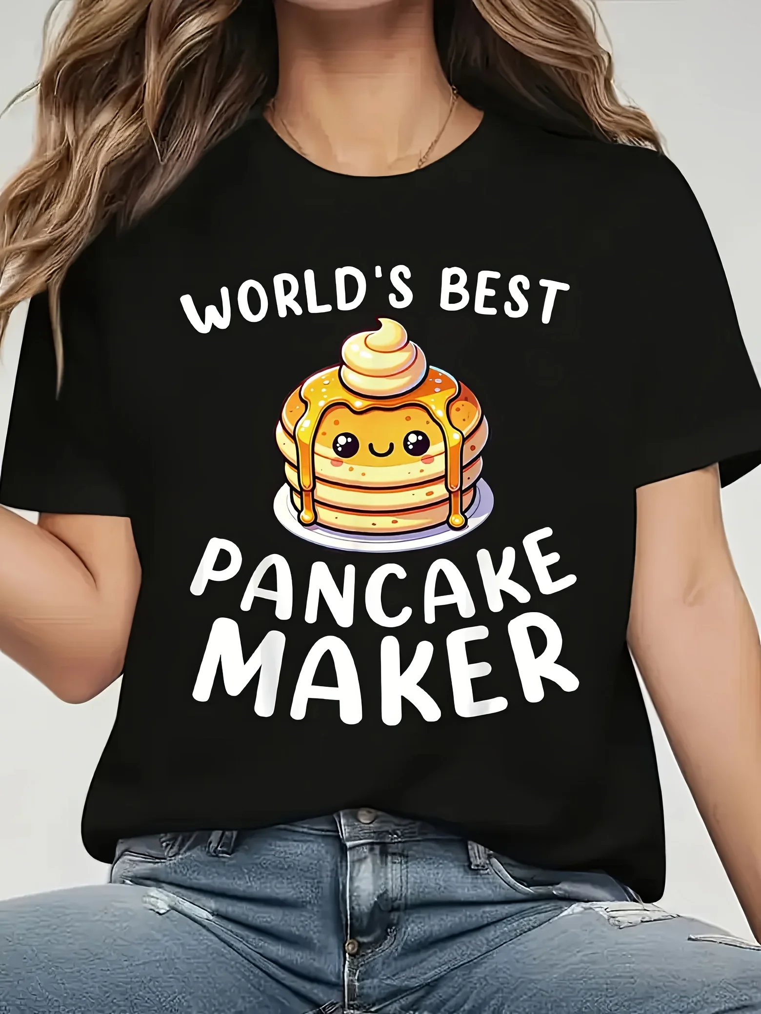 Camiseta con estampado "World's Best Pancake Maker" para mujer, 100% algodón, ligera, 180 g, verano, primavera, pantalón corto informal, manga corta, cuello redondo,