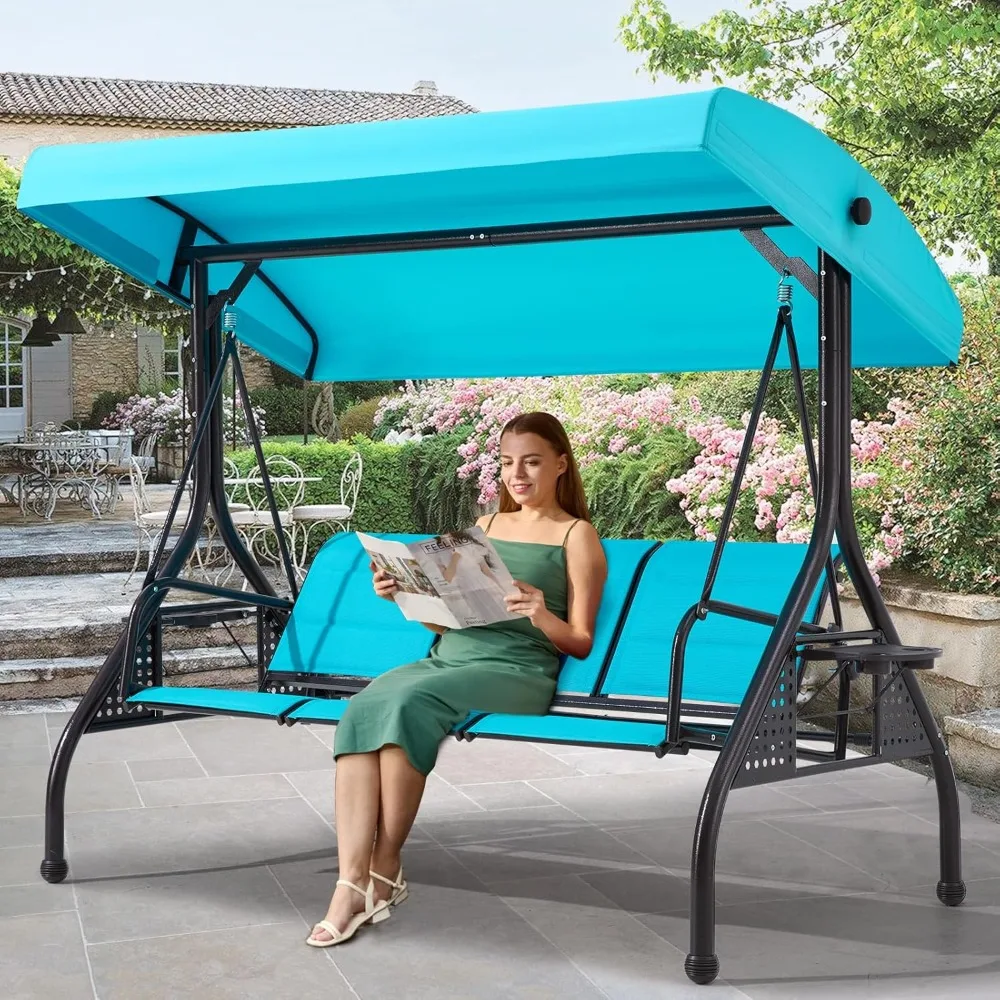 

3 Seat Patio Swing,Outdoor Swing with Textilene Backrest & 2 Cup Holders,Adjustable Canopy for Backyard,Porch, Garden,Round Tube
