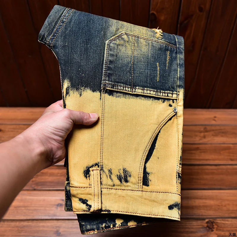 Washed Worn Jeans Men's Personalized Design Ripped Elastic Straight Slim-Fit Trendy Retro Yellow Mud-Color Trousers