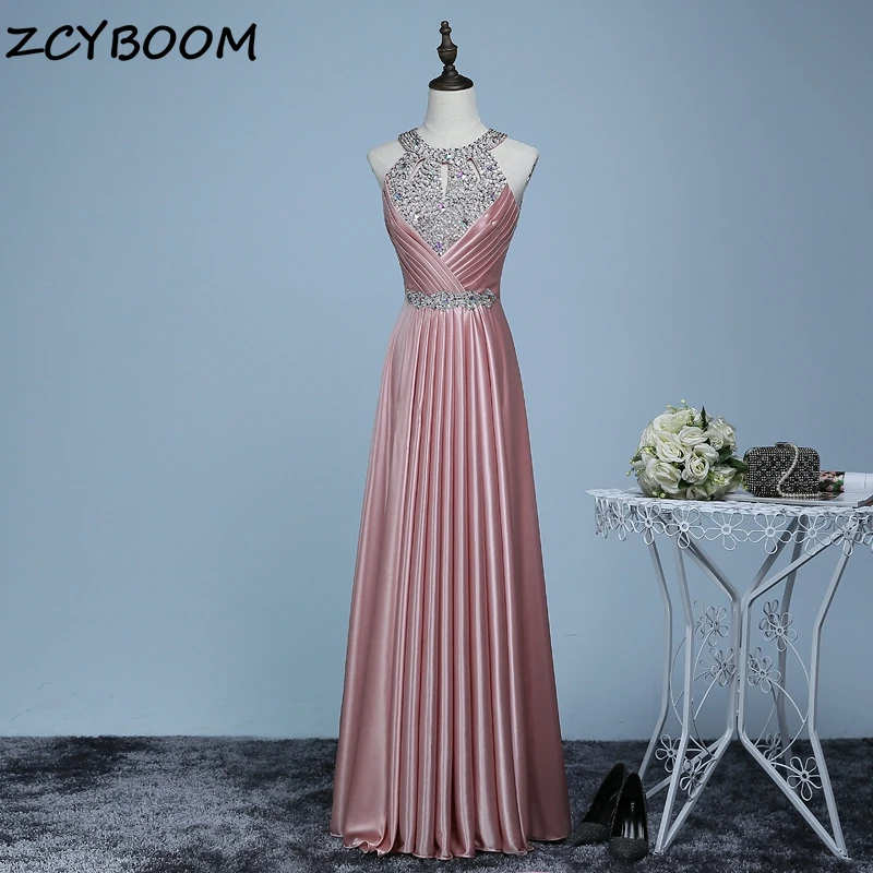 

Elegant Halter Satin Crystal Sequins A-line Floor Length Simple Evening Dresses 2024 Prom Dresses Birthday Party Dresses