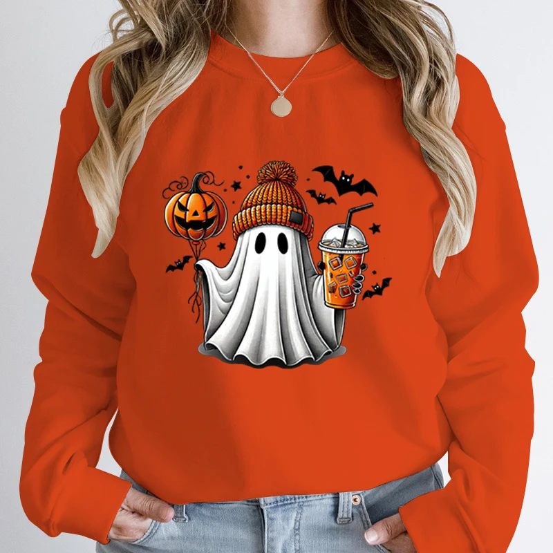 

New Halloween Ghost Pumpkin Bat Print Pullovers Women Fashion Casual Sports Hoodeless Sweatshirt Ladies Tops