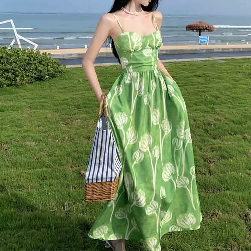 Elegant Green Printing Dress Women's Summer Seaside Beach High Waist Long Dresses 2024 New Fashion Casual Oliday Dress